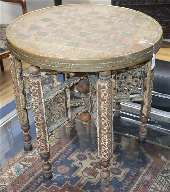 An Indian tray top table with 18th/19th century painted wood base, ex John Hilliard collection diameter 60cm